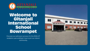 Illustration of students walking toward Gitanjali International School Bowrampet with an Admissions Open 2026-27 banner