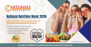 Students at Gitanjali International School Bowrampet exploring a school kitchen garden during National Nutrition Week 2026
