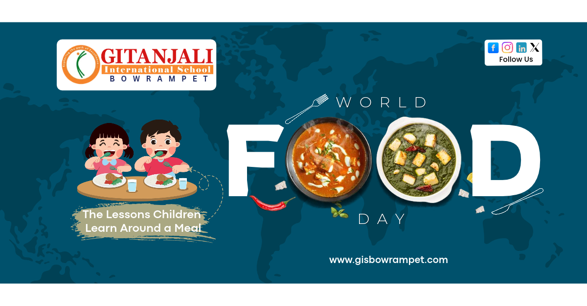 Children and parents sharing a meal together on World Food Day, Gitanjali International School Bowrampet